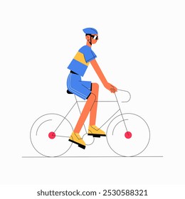 Male cyclist riding road bicycle in flat vector illustration symbolizing fitness, transportation, and cycling sport, isolated on white background.
