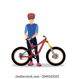 Male cyclist standing with downhill mountain bike.Isolated vector illustration on a white background.