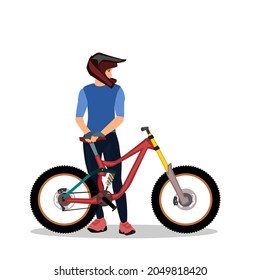 Male cyclist standing with downhill mountain bike.Isolated vector illustration on a white background.