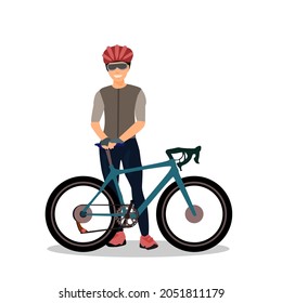 Male cyclist standing next to road bike.Two hands resting on the saddle and smiling faces.Isolated vector illustration on a white background.