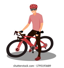 Male cyclist Wear a cycling suit Standing with a road bike.Isolated on white.flat character design.Flat man character riding bicycle.Vector illustration isolated on white background.Eco transport.