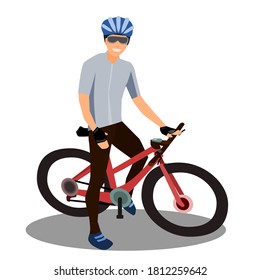 Male cyclist Wear a cycling suit Standing with a Mountain bike.Vector illustration isolated on background.Flat man character riding bicycle.