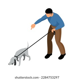 Male cynologist training dog on leash isometric icon vector illustration