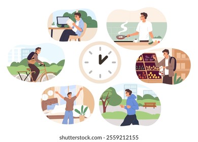 Male daily routine time scenes. Everyday schedule activities around clock face. Man works or rests. Running in park. Cooking dinner. Afternoon timetable. Book reading