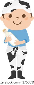A male dairy farmer wearing a cow-patterned work wear. Illustration of a man smiling and holding milk.