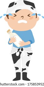 A Male Dairy Farmer Wearing A Cow-patterned Work Wear. Illustration Of A Sad And Crying Man.