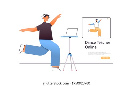 Male Dancer Doing Dancing Exercises While Watching Online Video Training Program With Dance Teacher Workout Concept