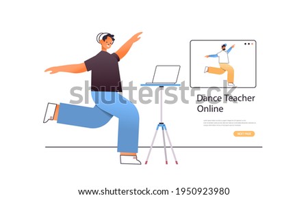 male dancer doing dancing exercises while watching online video training program with dance teacher workout concept