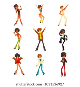 Male dancer moving body at music party, retro disco dancers sett of vector Illustrations on a white background