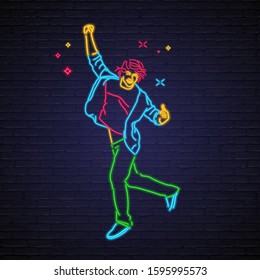 Male Dancer Neon Light Glowing Vector Illustration