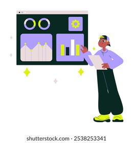 Male Data Analyst With Dashboard Display In Flat Vector Illustration Symbolizing Data Analysis, Performance Monitoring, And Business Insights, Isolated On White Background
