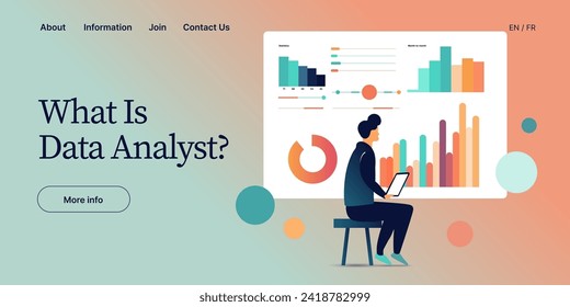 Male data analyst vector illustration in flat design. Analysis or analytics of statistics. Man working on research or report. Specialist in front of crm platform dashboard 