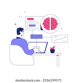 Male Data Scientist Analyzing Brain Mapping Data On Laptop In Flat Vector Illustration Symbolizing Artificial Intelligence, Innovation, And Machine Learning, Isolated On White Background