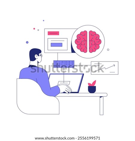 Male Data Scientist Analyzing Brain Mapping Data On Laptop In Flat Vector Illustration Symbolizing Artificial Intelligence, Innovation, And Machine Learning, Isolated On White Background