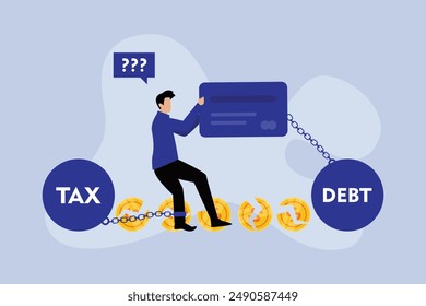 Male debtor holds credit card with large debt.Unhappy borrower man is bankrupt. Economic, taxes troubles 2d flat vector illustration