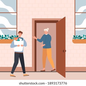 Male delivery boy brought bags of products to elderly lady in apartment. Young social worker delivers groceries to retired peolple. Flat cartoon vector illustration