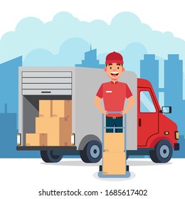 Male Delivery Courier With Truck Vector Illustration