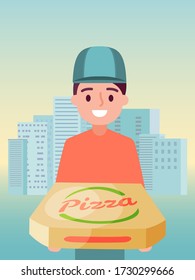 Male delivery food service, man character supplier hold pizza flat vector illustration. Young person in company cap work italian pizzeria, urban city landscape, web business poster.