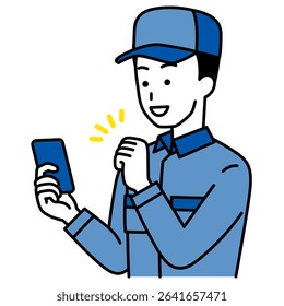 Male delivery man happy to see the screen of his smartphone