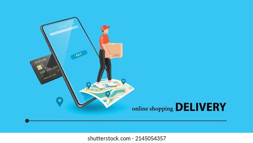 male delivery man in orange uniform Stand holding the parcel box on the GPS map on the smartphone screen,vector 3d isolated onblue background for online shopping and delivery concept design