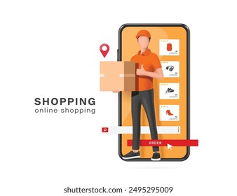 A male delivery man in an orange uniform is holding a package or cardboard box in front of a smartphone with an online shopping app template, vector 3d isolated for e commerce concept design