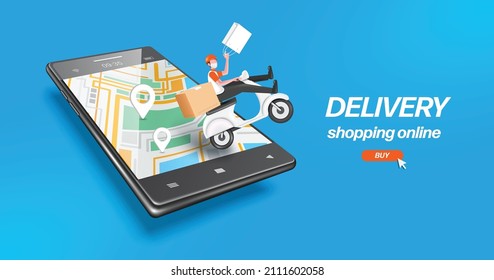 A male delivery man sits on a scooter and carries a white shopping bag, and all floating over a smartphone with on-screen GPS maps and pin location,vector 3d on blue backgorund for delivery concept