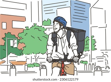 Male delivery person doing food delivery by bicycle