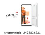 male delivery person in an orange uniform is standing with parcel box or cardboard box, waiting to deliver it at the customer