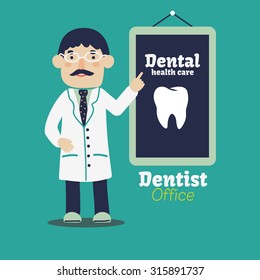 Male dentist with black billboard. Stomatology, medicine, dentist office and dental health care concept with copy space. Stylish vector illustration in flat design style