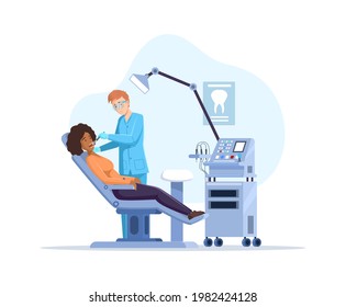 Male dentist doing medical check up to female patient at clinic. Doctor examining teeth looking inside mouth to dark skin woman. Regular dental examination disease diagnosis vector illustration