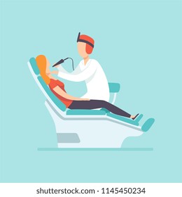 Male dentist examining female patient at dental clinic , medical treatment and healthcare concept vector Illustration