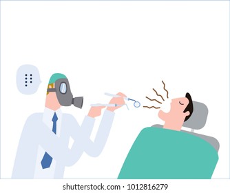 Male dentist Medical treatment to a male patient at the clinic.
wearing a gas mask. halitosis, Bad breath. health care concept 
vector people flat design illustration isolated background.