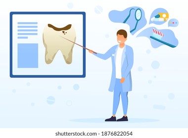 Male dentist showing caries. Affected mockup tooth on poster. Doctor giving recommendations on dental caries or tooth decay prevention. Concept of teeth hygiene. Flat cartoon vector illustration