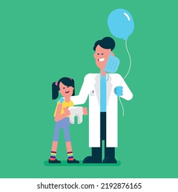 Male dentist wear mask and holding a big balloon to give it to a child after she take off a tooth, Man dentist praise on child, Flat avatar vector illustration