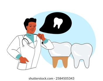 Male dentist in a white coat explaining dental care with a speech bubble showing a tooth, next to two healthy teeth on a blue background. Concept of oral hygiene