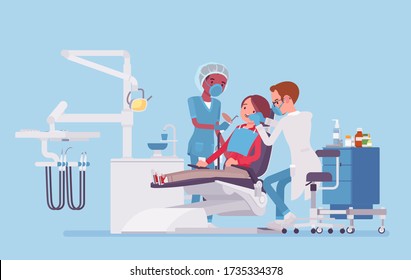 Male Dentist At Work In Clinic. Dentistry Office With Professional Equipment, Female Patient In Reception Room For Dental Therapy And Teeth Medicine Help. Vector Flat Style Cartoon Illustration