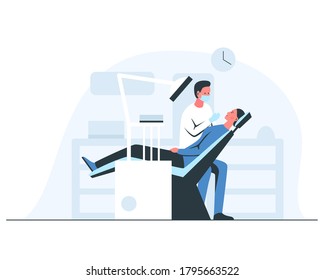 Male dentist working in a dental office. Vector concept illustration of a dentist in mask and gloves examining young woman sitting in a dentist chair. Woman at a doctor appointment at a dental clinic