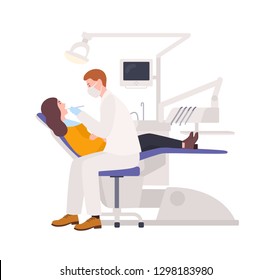 Male dentists examining female patient lying in chair. Dental surgeon treating woman isolated on white background. Medical examination in oral care clinic. Vector illustration in flat cartoon style.