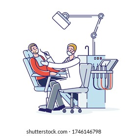 Male dentists examining patient lying in chair. Dental surgeon treatment. Medical examination in oral care clinic. Cartoon doctor curing toothache. Linear vector illustration