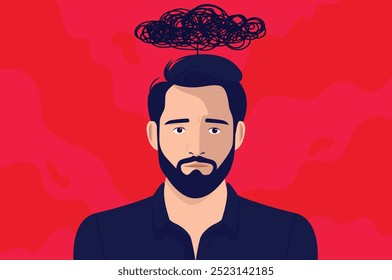 Male depression - Depressed man with sad face and dark cloud hanging over head. Negative thoughts and mental health issues concept vector illustration