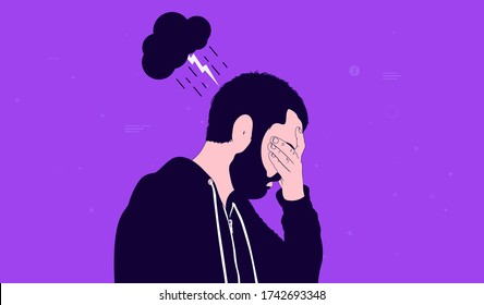 Male depression - Man and dark cloud over his head with rain and thunderstorm. Holding his face feeling ill and depressed. Mental health and problems concept. Vector illustration.