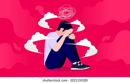 Male Depression - Young Man Having Anxiety Attack And Being Depressed. Mental Health Problems Concept. Vector Illustration.