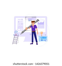 A male designer carries on his shoulders a huge stylus against a monitor.