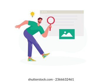 A male designer holds a magnifying glass and has an idea to draw a design that he will make for his project
flat design, vector illustration
