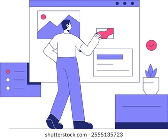 Male Designer Interacting With Interface Elements In Flat Vector Illustration Symbolizing Creativity, UX Design, And Web Development, Isolated On White Background.