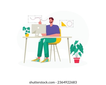 a male designer uses a computer to draw designs and uses the AI app to make his work easier
flat design, vector illustration