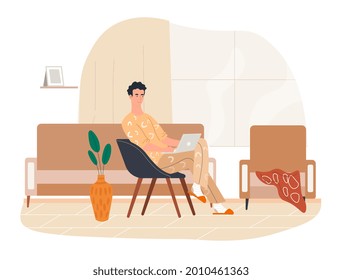 Male designer working concept. Man is sitting at a laptop on an easy chair and creating a design for a website. Remote work or freelance. Cartoon flat vector illustration isolated on white background