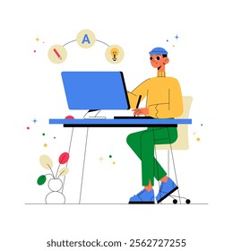 Male Designer Working At Desk In Flat Vector Illustration Symbolizing Creativity, Innovation, And Design, Isolated On White Background