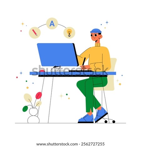 Male Designer Working At Desk In Flat Vector Illustration Symbolizing Creativity, Innovation, And Design, Isolated On White Background