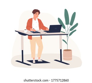 Male designer working at modern ergonomic workplace vector flat illustration. Smiling man standing behind innovative furniture on footrest isolated. Guy use graphic tablet and laptop at workstation